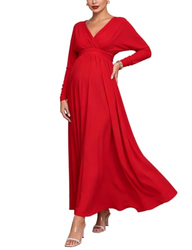 Maternity Long Sleeve V Neck Maxi Dress Tie Waist Flowy Maxi Gown - color: Red, size: X-Large