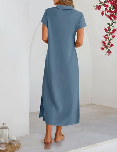 MEROKEETY Women's Summer Casual V Neck Collared T Shirt Long Maxi Dress - color: Gray Blue, size: Medium