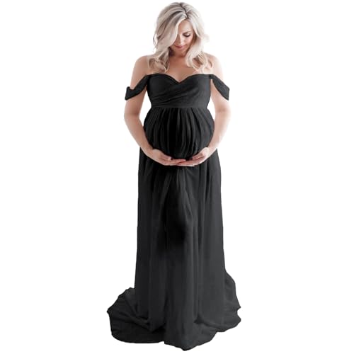 Off Shoulder Open Belly Split Front Tulle Maternity Dress for Photoshoot - color: Black, size: Medium