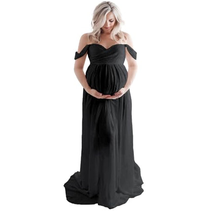 Off Shoulder Open Belly Split Front Tulle Maternity Dress for Photoshoot - color: Black, size: Medium