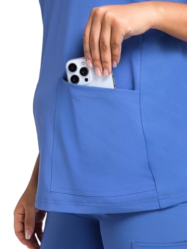 COZYFIT Maternity Scrub Top, V-Neck Pregnancy Shirt with 2 Pockets - color: Ceil Blue, size: Large