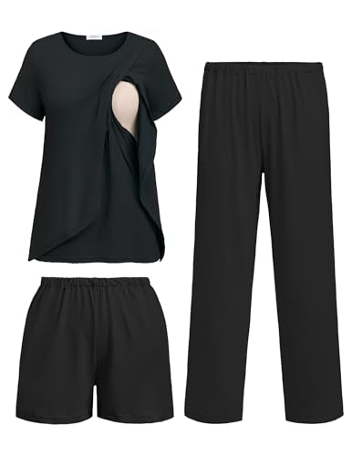 Ekouaer 3 PCS Maternity Nursing Pajamas Set Postpartum Breastfeeding PJS - color: Black, size: Large