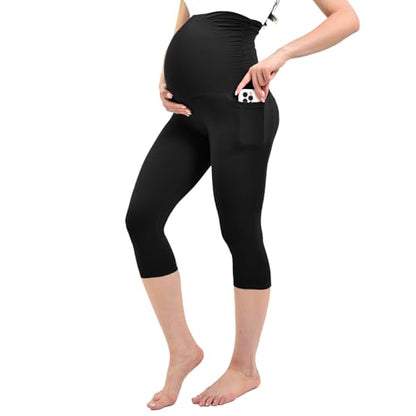 Ipletix Maternity Capris Leggings with Pockets Pregnancy Yoga Pants - color: Black, size: Small
