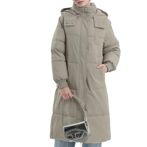 PUFFIT Long Puffer Jacket for Women,2025 Thickened Winter Coat Hooded with Deep Pockets, Ladies Warm Winter Jacket - color: Dark Taupe, size: Large
