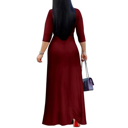 Mrskoala Women Plus Size Long Maxi Wrap Dresses Summer Sundress V-Neck 3/4 Sleeve - color: Winered, size: X-Large