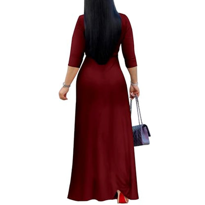 Mrskoala Women Plus Size Long Maxi Wrap Dresses Summer Sundress V-Neck 3/4 Sleeve - color: Winered, size: X-Large