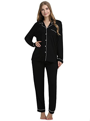 Cherrydew Women's Bamboo Viscose Cooling Long Sleeve Button Up Pajama Set - color: Black, size: XX-Large