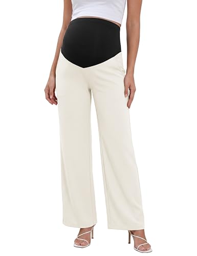 V VOCNI Maternity Pants Wide Leg Palazzo Flowy Pants - color: Beige, size: X-Large