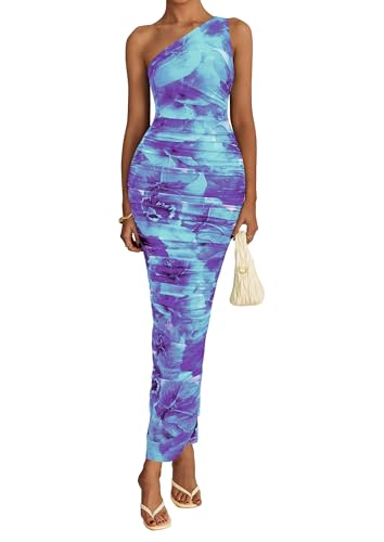 PRETTYGARDEN One Shoulder Maxi Dress Ruched Printed - color: Floral Blue, size: Small
