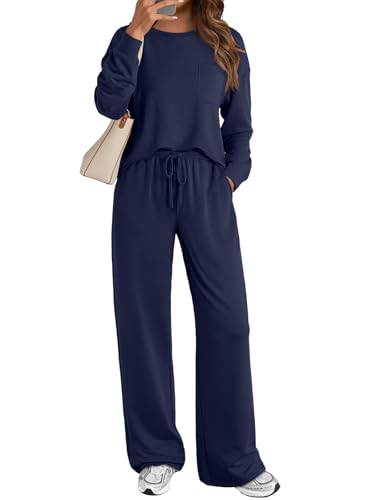 AUTOMET Womens Sweatsuits 2 Piece Lounge Matching Sweat Sets Fall Outfits - color: Navy, size: Large