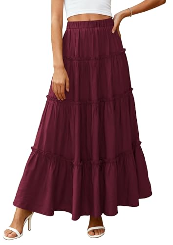 PRETTYGARDEN Women's Boho Tiered Ruffle Flowy Maxi Skirt - color: Burgundy, size: Medium