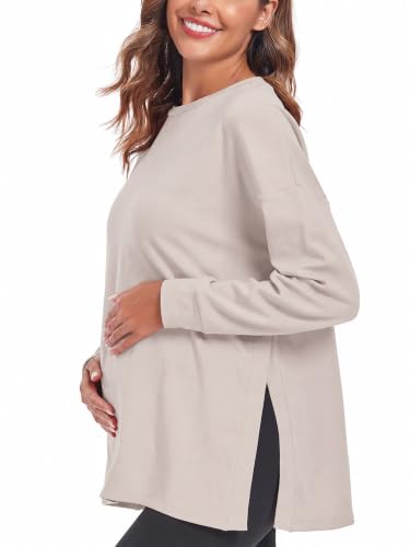 Ecavus Women's Maternity Shirts Long Sleeve Side Split Pregnancy Top - color: Apricot, size: Large