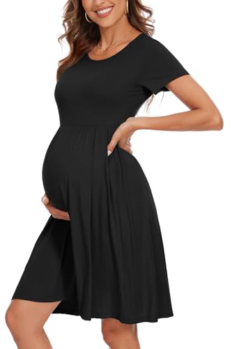Women's Short Sleeve Maternity Dress Patchwork Pregnancy Clothes with Pockets - color: Black, size: Medium