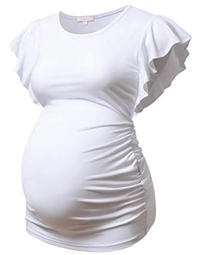 Bhome Maternity Tops Flying Shorts Sleeve Tshirt Side Ruched Pregnant Blouse Casual Pregnancy Tunic - color: White, size: Medium
