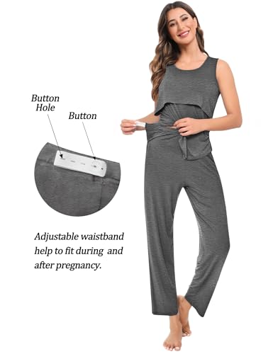 SWOMOG Maternity Nursing Robe Set 3 PCS Women Postpartum Pajamas Breastfeeding Labor Delivery Hospital Pregnancy Pjs - color: Deep Grey, size: Large