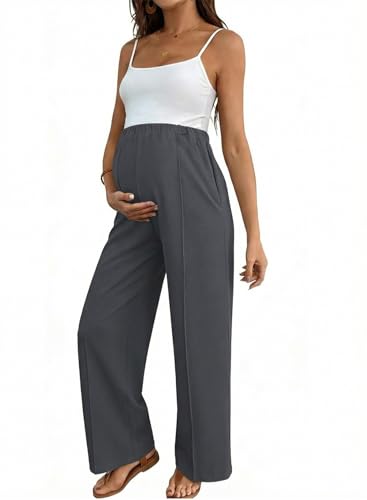 BLENCOT Women's Maternity Pants Work Adjustable Waisted Wide Leg Waffle Knit Trousers Pregnancy Clothes with Pockets - color: Carbon Grey, size: Small