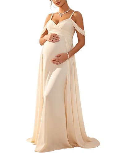 Maternity Maxi Dress Off Shoulder Strap Chiffon Baby Shower Gown - size: Small