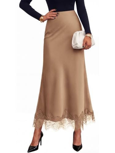 BTFBM Lace Trim Satin Skirts for Women Elegant - color: Coffee, size: Medium