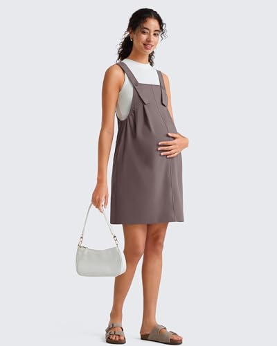G4Free EverGoing Maternity Overall Dress Adjustable Straps Pregnancy Jumpsuits Dresses with Pockets Casual Work - color: Taupe, size: Large
