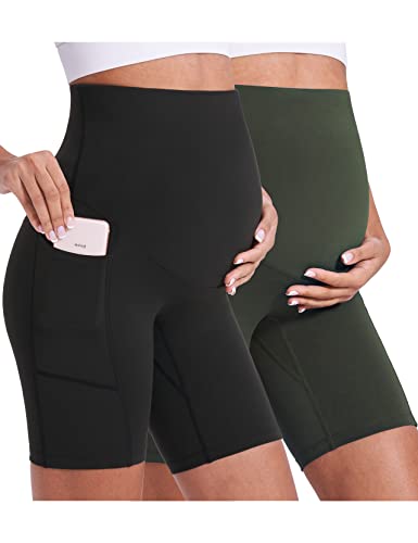 Enerful Maternity Biker Shorts with Pockets 8"/5" - color: Black + Dark Green 8", size: Medium