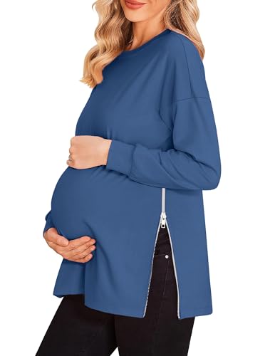 Women's Maternity Shirts Long Sleeve Sweatshirt Zipper Split Side Pregnancy Casual Tunic Top - color: Navy Blue, size: Medium