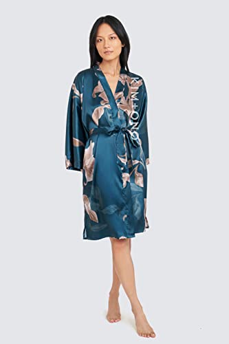 KIM+ONO Satin Short Kimono Robe for Women - color: Ayame - Peacock