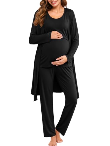 SWOMOG Maternity Nursing Robe Set 3 PCS Women Postpartum Pajamas Breastfeeding Labor Delivery Hospital Pregnancy Pjs - color: Black, size: Large