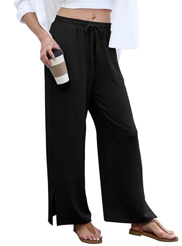 Sampeel Womens Wide Leg Beach Pants Elastic Waist Lightweight Casual Flowy Palazzo Lounge Trousers with Pockets - color: Black, size: X-Large
