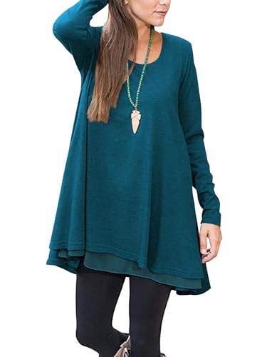 Poetsky Women's Long Sleeve Tunic Tops Layered Chiffon Hem Blouses Shirts - color: A-teal, size: Medium