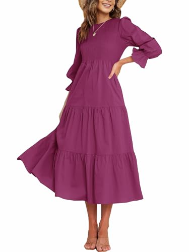 CzzzyL Women's Nursing Dress Smocked Bodice Ruched Midi with Pockets - color: Voilet, size: Medium