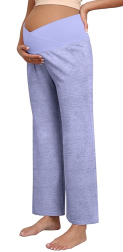 Women's Maternity Wide Leg Pants with Crossover Waist and Pockets - color: Blue, size: Medium