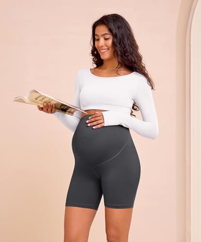 VALANDY Creamlush 4 Pack Maternity Shorts Over the Belly 5"/8" - color: 5 Inch - Black*2/Dark Grey/Navy Blue, size: Large
