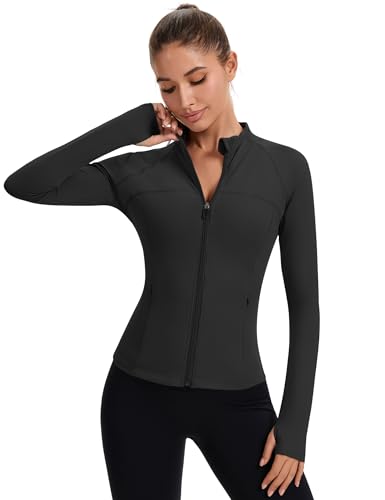 Rapbin Women's Full Zip Workout jackets Runing Slim Fit Athletic Tops With Thumb Holes - color: Black, size: Medium