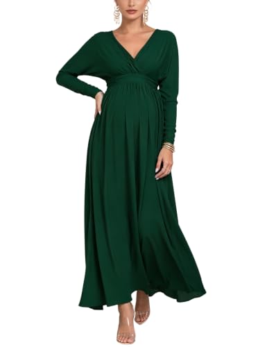 Maternity Long Sleeve V Neck Maxi Dress Tie Waist Flowy Maxi Gown - color: Darkgreen, size: Medium