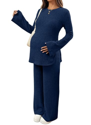 BLENCOT Maternity 2 Piece Outfits Ribbed Knit Long Sleeve Sets - color: Dark Blue, size: Medium