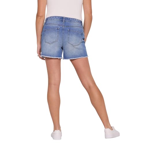Motherhood Maternity Women's Under the Belly Cutoff Denim Pregnancy Shorts with Side Elastic Panel Insets - color: Lily Wash, size: Medium