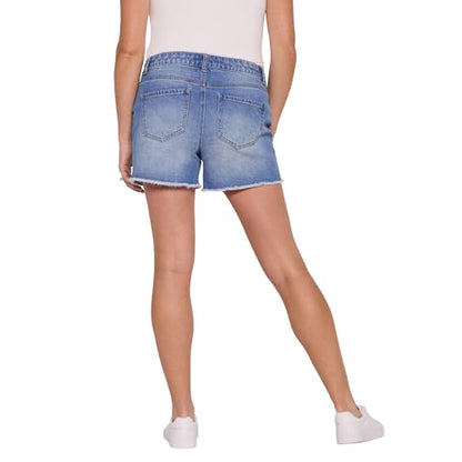 Motherhood Maternity Women's Under the Belly Cutoff Denim Pregnancy Shorts with Side Elastic Panel Insets - color: Lily Wash, size: Medium