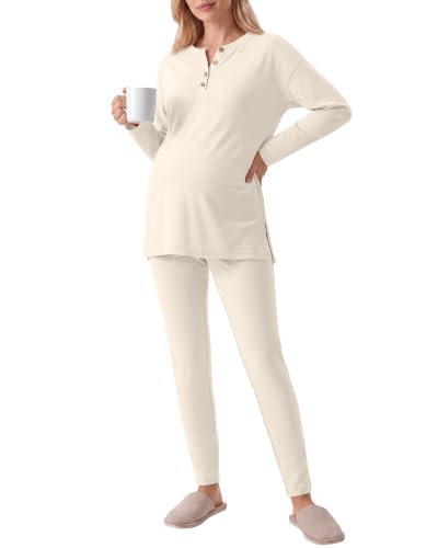 Huukeay Maternity Lounge Set Long Sleeve - color: Beige, size: Medium