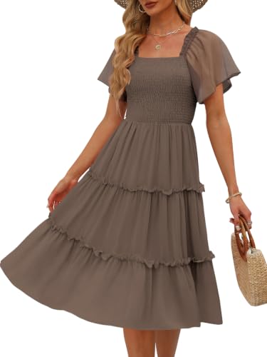 LILLUSORY Women Tiered Flutter Sleeve Square Neck Smocked Midi Dress - color: Brown, size: Medium