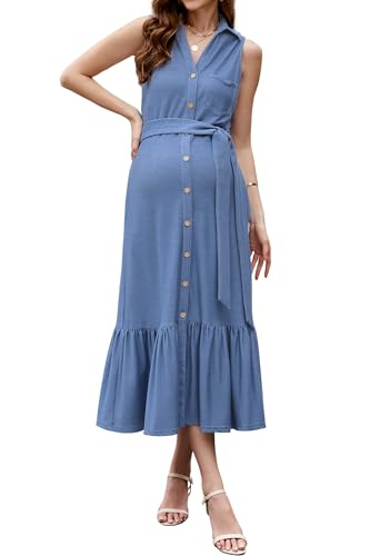 OUGES Womens 2025 Spring Maternity Dress Polo V Neck Sleeveless Ruffle Button Pregnancy Casual Work Dress with Pockets - color: Light Blue, size: Small