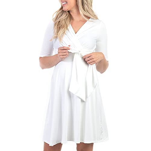 Mother Bee Maternity Knee Length Wrap Dress with Adjustable Belt - color: Ivory, size: Large