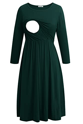 Smallshow Women's 3/4 Sleeve Maternity Nursing Dress for Breastfeeding - color: Deep Green, size: Medium