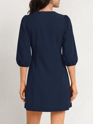 Wenrine Womens Work Mini Dress 3/4 Sleeve Button Down Business Dresses - color: Navy, size: Medium