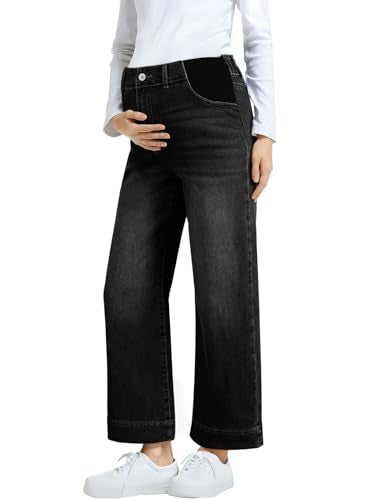 BLENCOT Women's Maternity Jeans High Waisted Wide Leg Pregnancy Pants - color: Black, size: Small