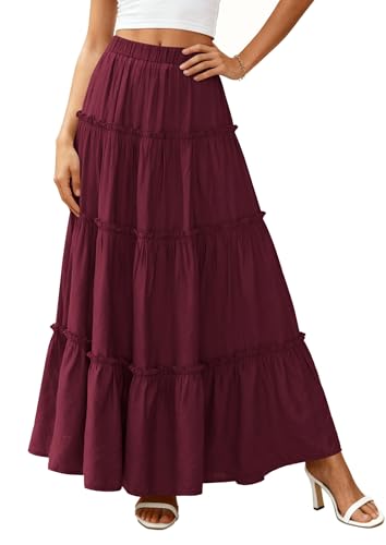 PRETTYGARDEN Women's Boho Tiered Ruffle Flowy Maxi Skirt - color: Burgundy, size: XX-Large
