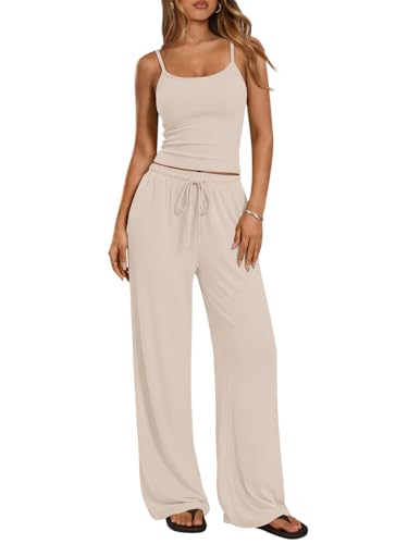 Trendy Queen Womens 2 Piece Lounge Set Summer Camisole Top & Wide Leg Pants - color: Beige, size: Medium