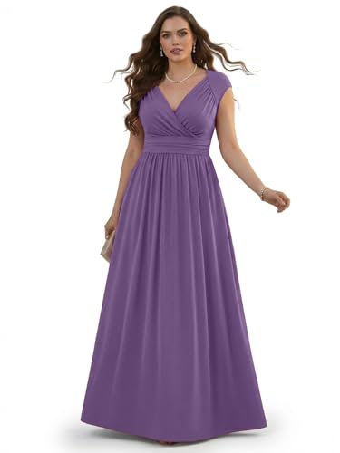 KOH KOH Womens Long Elegant Evening Bridesmaid Flowy Cap Sleeve Maxi Dress - color: Lavender Purple, size: Large
