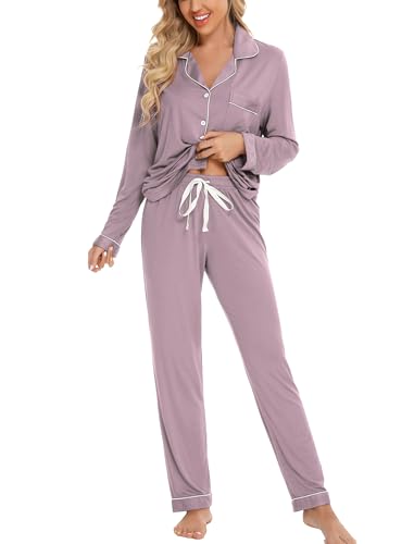 Leikar Button Up Pajamas For Women Long Sleeve Viscose Soft Pjs Lounge - color: Violet, size: X-Large