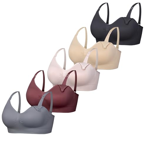 Women’s Seamless Nursing Bra Wireless Maternity Bra 5 Pack - color: Black/Burgundy/Skin/Pink/Light Grey, size: Small