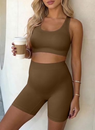 BLENCOT Maternity Workout Sets Pregnancy Yoga Ribbed Tank Tops with Bra - color: Brown, size: Medium